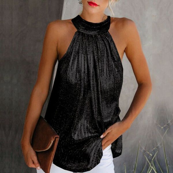 

women gold blouse fashion high neck sleeveless hatler tank vest summer casual loose blouse shirt tee 210522, White