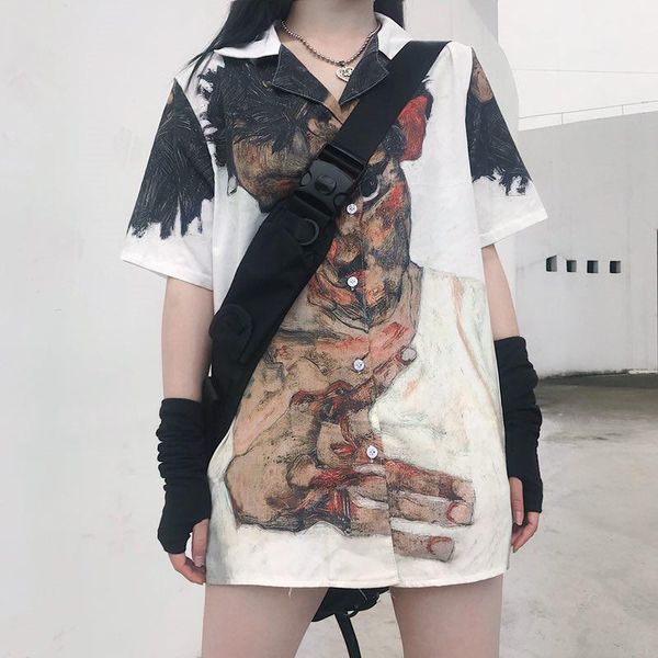 

women's blouses & shirts plus size harajuku women/man cartoon printing blouse summer oversized casual short sleeve blusas, White