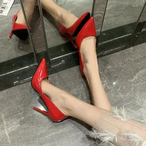 

fashion nude high heels in autumn 2021 girl slim heel pointed light mouth black work shoes red patent leather wedding dress