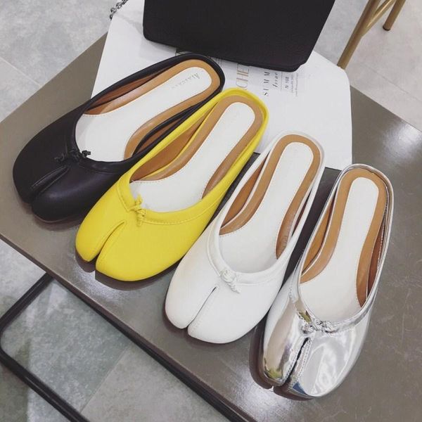 

slippers summer flat cloven toe mules women soft leather split lady shoes tabi ninja slides japan brand design flipflops, Black