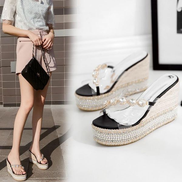 

sandals 2021 wedge sequined cross rhinestone transparent fashion super high heel slippers women's summer platform, Black