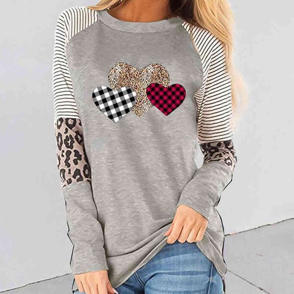 

spring fall clothes t-shirt women fashion o-neck long sleeve patchwork print love shirt girl lady tee 210515, White