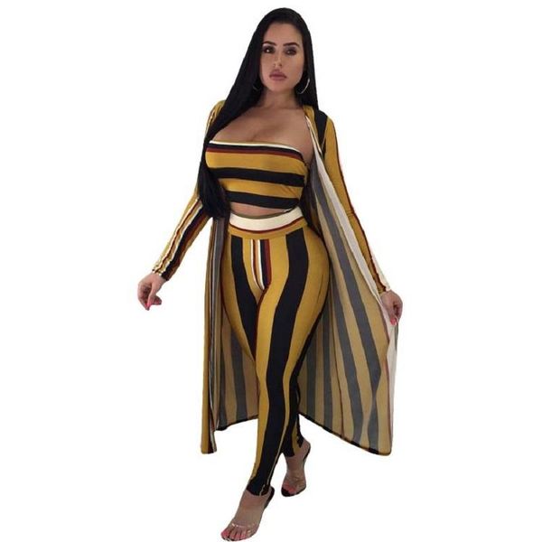 

striped 3 set special design 2021 poplular women piece full sleeve outwear 2 strapless lady women's two pants, White