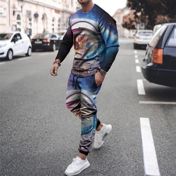 

men's tracksuits 3d printing casual suitspring and autumn round collar lion's head, cat animal series pattern trousers long sleeve, Gray
