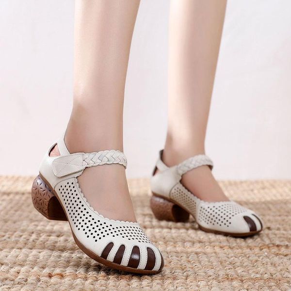 

sandals elegance vintage hollow out chunky heel comfortable genuine leather buckle strap square 4cm high heels shoes1, Black