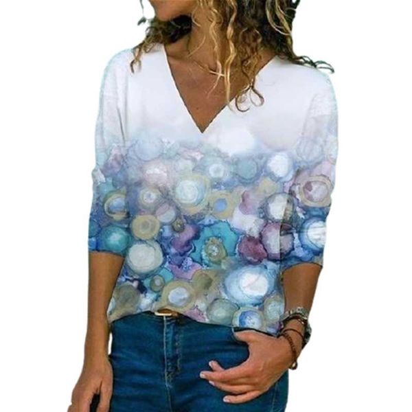 

women's t-shirt spring 2021 long-sleeve printed casual loose v-neck large size fashion digital printing pullover, White
