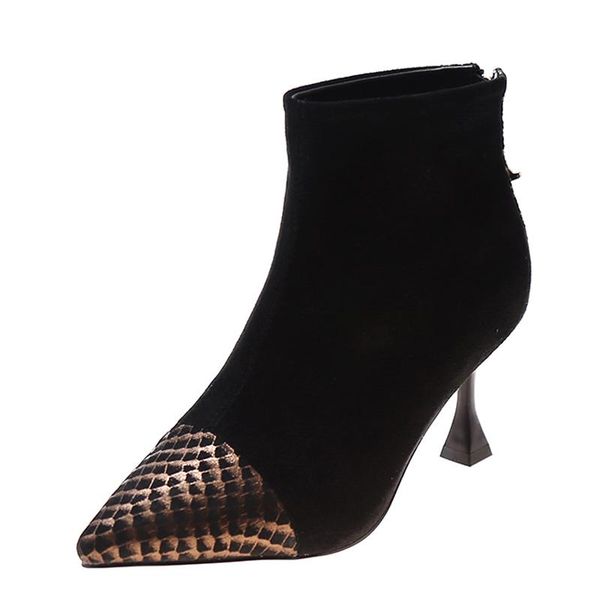 

boots stiletto pointed toe elastic european station style wine glass with suede ankle sheepskin snake print shoe, Black