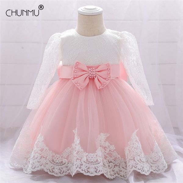 Longa manga infantil bebê menina vestido de laço baptismo vestidos para meninas primeiro ano festa de aniversário roupas de casamento 210508