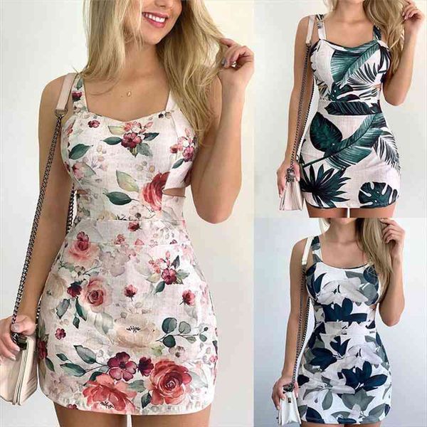 

women summer pencil dress sleeveless backless v-neck high waist leaf flower print holiday slim hips mini dress, Black;gray
