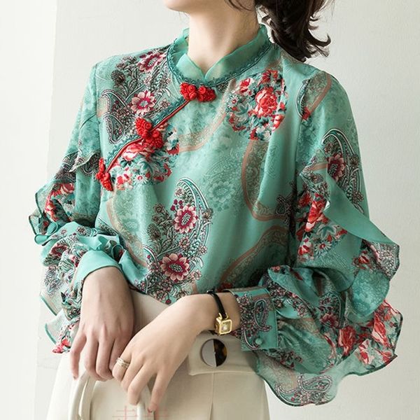 

chinese style clothing women floral ruffles shirt vintage elegant printed lantern sleeve chiffon qipao national outfit 11919, Red