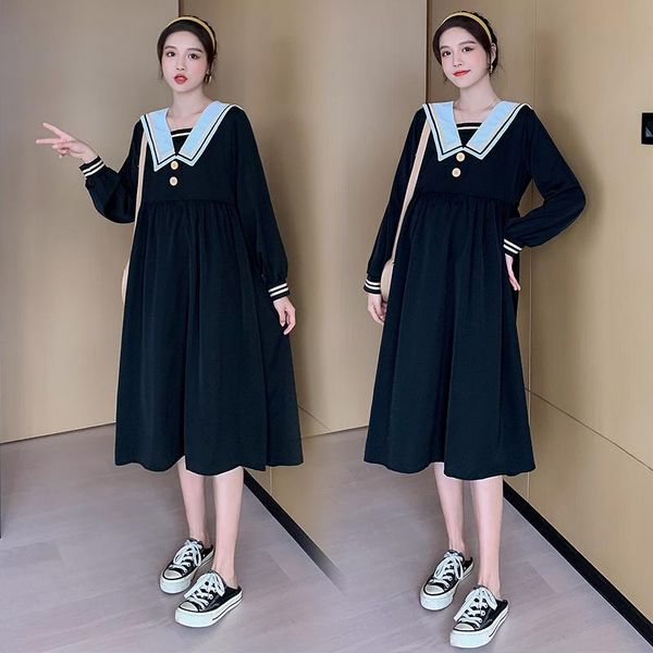 

maternity dresses 5882# clothes spring autumn long sleeve mid-long a line dress for pregnant women pregnancy, White