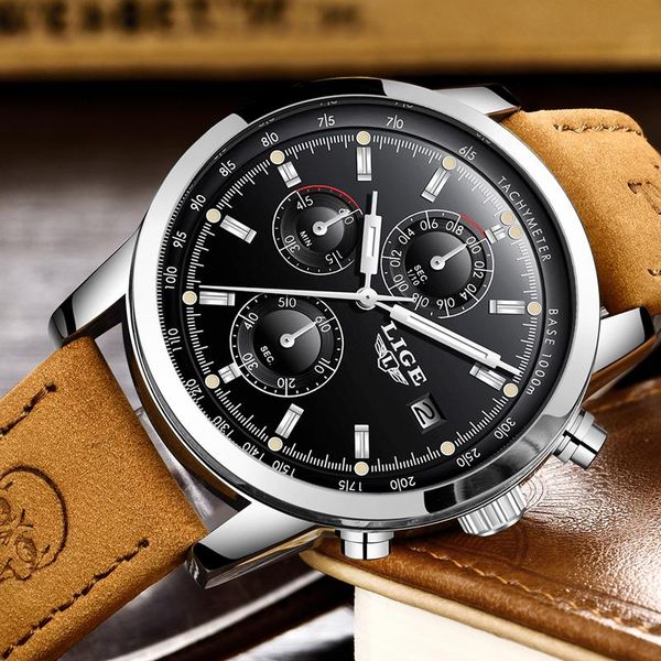 

wristwatches relogio masculino men watches lige fashion waterproof chronograph quartz watch casual leather sport, Slivery;brown