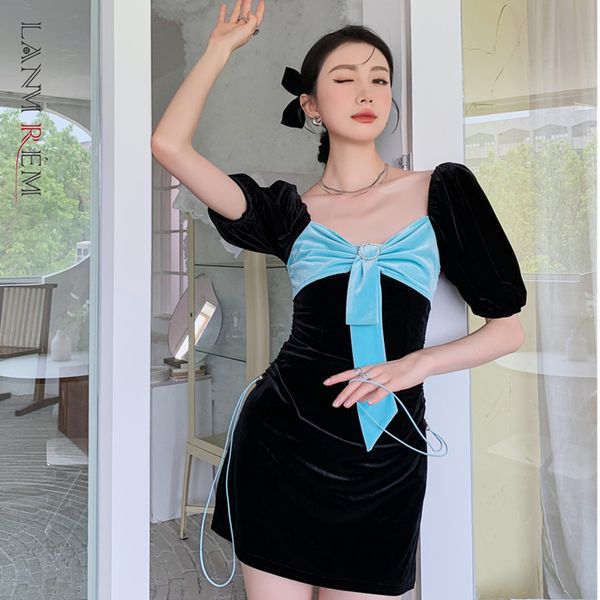 

women dress big bow square collar slim velvet temperament loose fit fashion tide summer 2h600 210507, Black;gray
