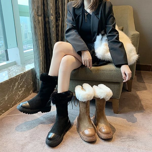 

platform boots for women winter mid calf boots female lace up flock ladies plush square mid heels casual shoes woman footwear, Black