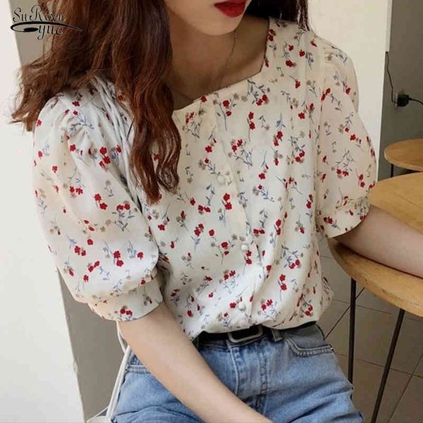 Корейский шик квадратный воротник принт шифоновая рубашка женщина летом слойки с коротким рукавом женская блузка сладкое цветочные женские топ блюса 14355 210521