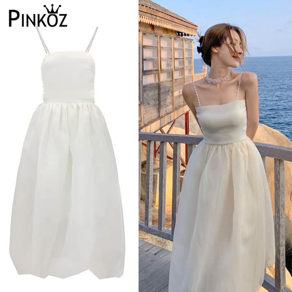 

lady white midi dress mesh holiday party birthday dinner camisole high waist slim women dresses fashion french 210421, Black;gray
