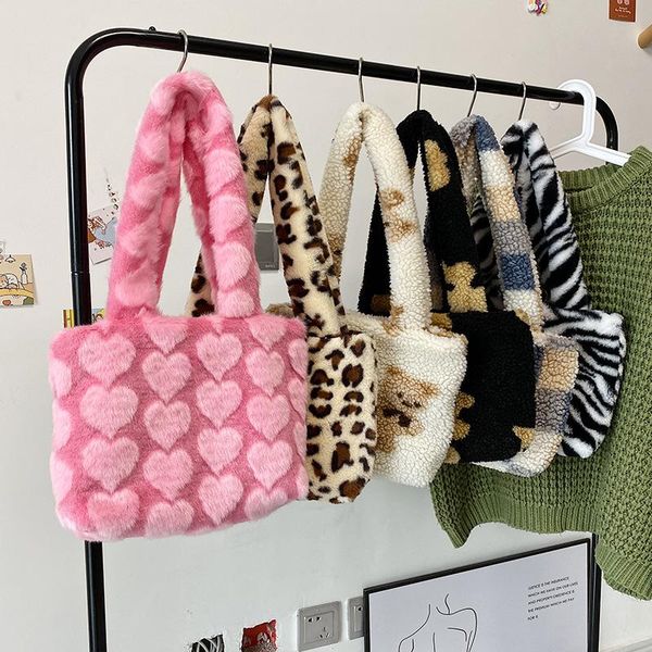 

waist bags automn winter furry handbags 2021 trendy cute soft plush tote girls leopard lebra pink heart bear shoulder bag