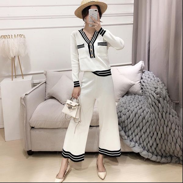 

knitted women tracksuits 2 pieces pant sets autumn winter button v neck striped pullover sweater ankle length wide leg suits, Gray