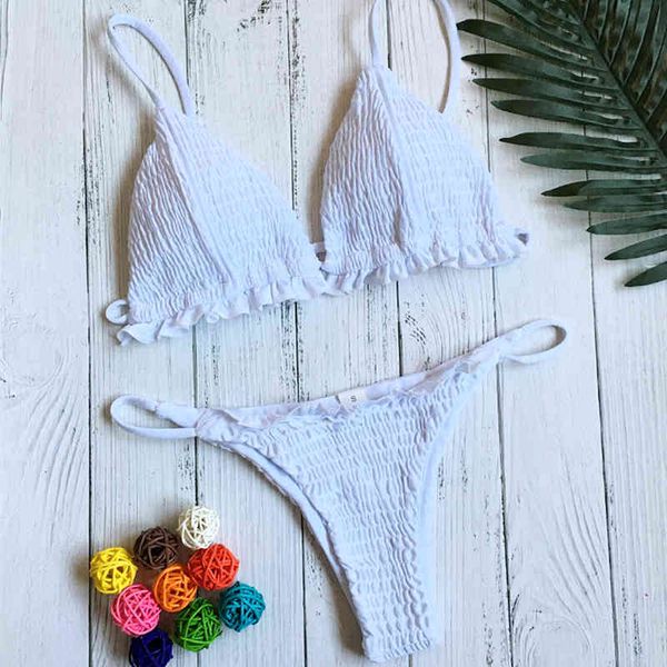 

2021 wrinkled pleated women swimsuit female swimwear two pieces bikini set ruffled micro bathing suit swim ladyby