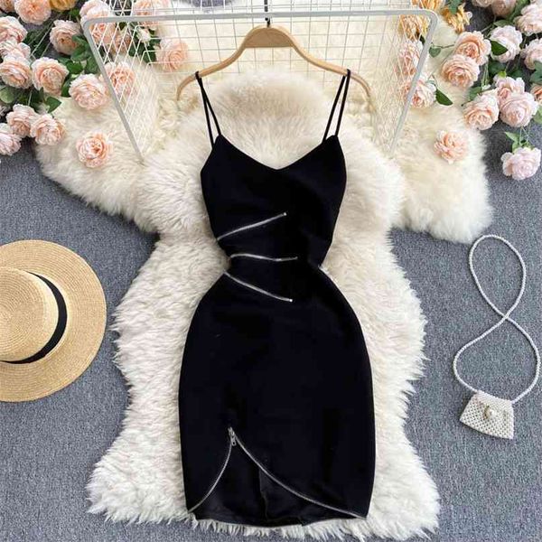 

v-neck spaghetti strap mini dress women fashion summer black sleeveless zippers slim waist irregular club party 210603, Black;gray