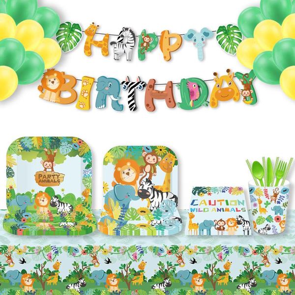 DenuNware de jantar descartável Jungle Party Tabelware Placas de papel guardanapos Copas de suprimentos para crianças Safari decoração chá de bebê