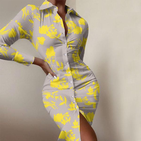 

casual dresses hirigin 2021 women print dress women’s long sleeve skinny fashion printing single-breasted mid-length, Black;gray