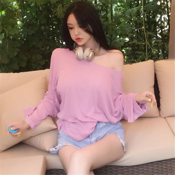 

women's t-shirt micro through spring black solid loose fit tee women casual long sleeve tshirt female girls t shirt, White