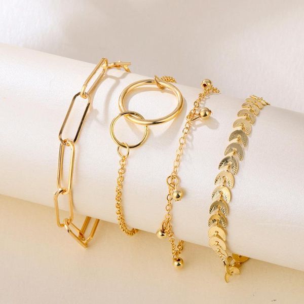 

link, chain circle pattern arrow bracelet for women 4-piece/set geometric metal leaves bracelets accessories fashionable jewelry, Black
