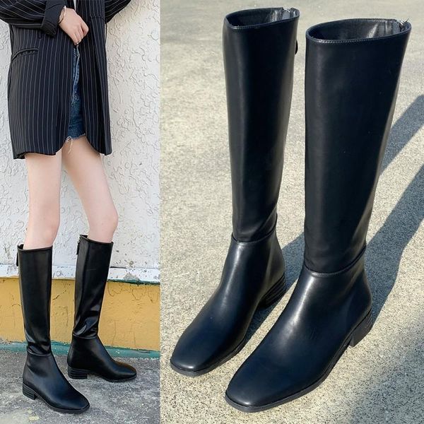 

boots nice knee high rain women autumn pu lather vintage shoes woman square heels ladies pretty black footwear mm36