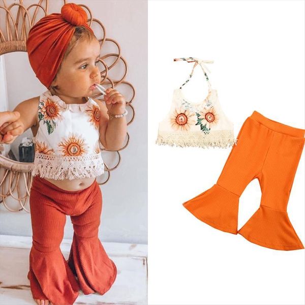 

2 7y lovely kids girls summer clothes sets sweet sunflower halter and solid color trumpet flare pants, White