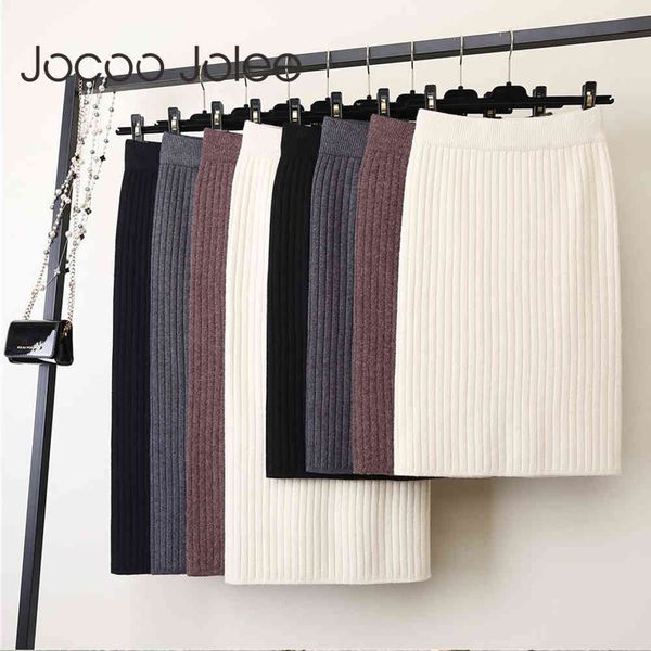 

elastic band women skirts autumn winter warm knitted straight ribbed mid-long black bodycon split 210428