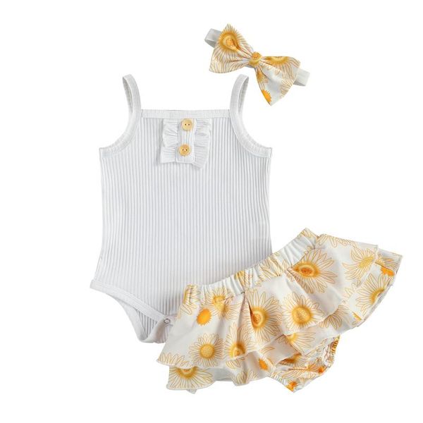

clothing sets 3pcs baby girls shorts set outfit,solid color sleeveless tank romper +ruffled short skirt bottom+bow headwear, White