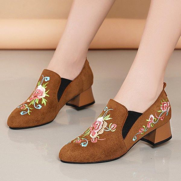 

dress shoes spring autumn women flowers embroidery pumps ladies boat faux suede retro bare boot female zapatos mujer 8159c, Black