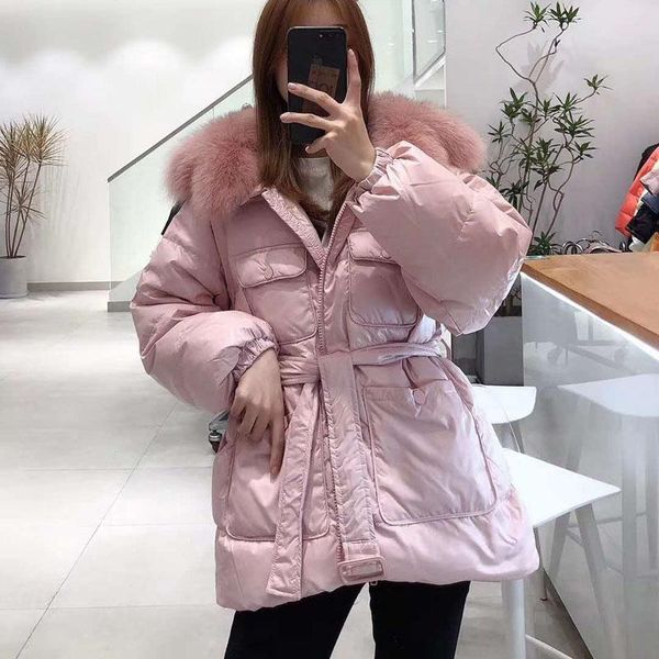 

women's down & parkas women clothes winter short coat fashion jacket with blet thick warm oversized real fur collar plus size aym, Black