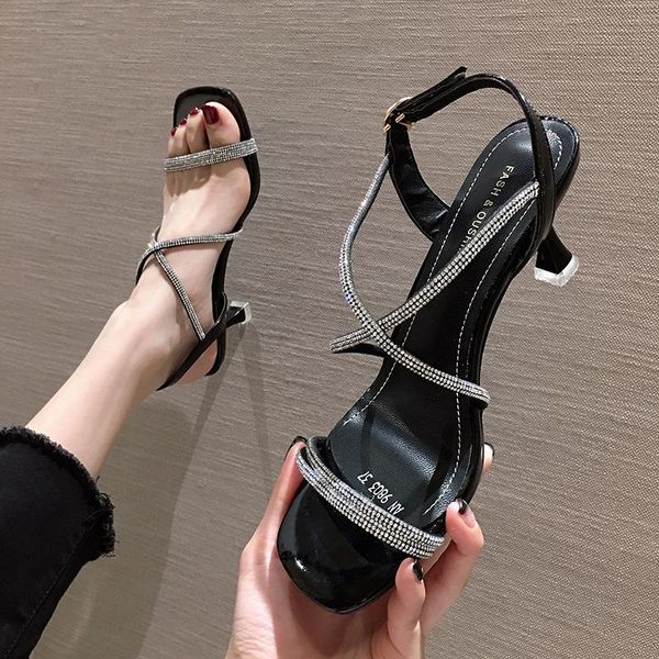 

women's shoes sandals 2021 summer fashion rhinestone fine heel thin belt combination roman high heels, Black
