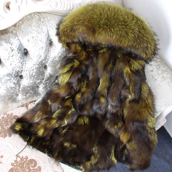 

women's fur & faux libieliynatural real jacket hooded woman parkas winter warm coat mulher, Black