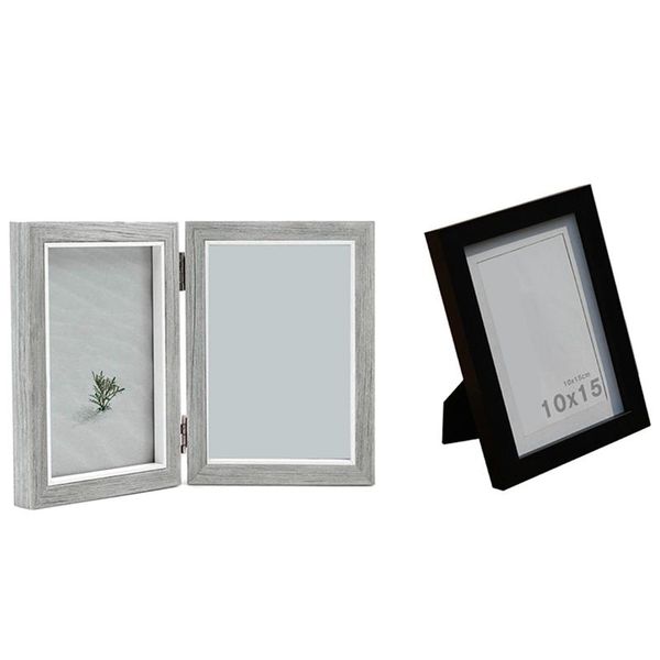 

frames 1x double picture frame 4x6in rustic grey po wooden hinged folding & 3pack black 4x6
