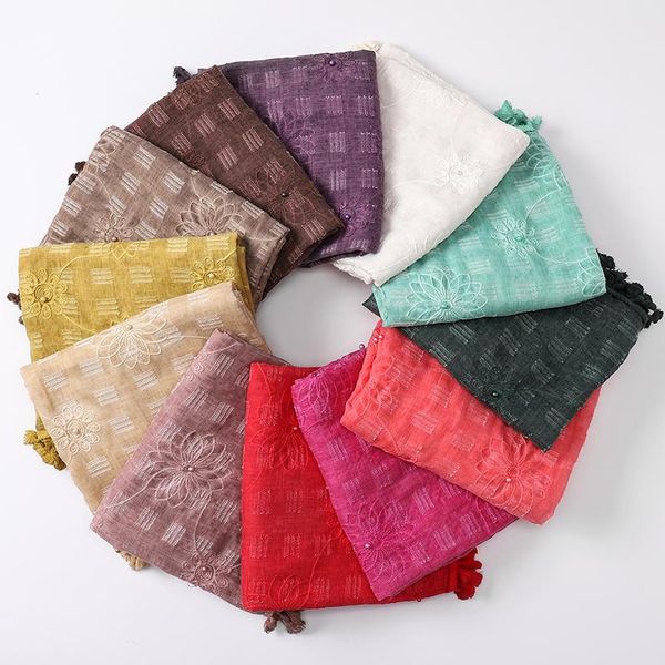 

scarves fashion women pure color scarf cotton linen beaded pearl headband embroidered tassel hanging muslim 12, Blue;gray