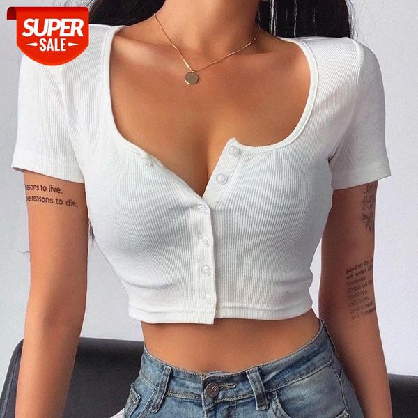 

[in stock]round neck cropped t-shirt women 93666 button cardigan u-neck short-sleeved shirt summer style #883e, White