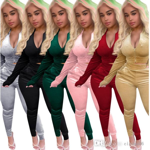 

women tracksuits 2 pieces set outfits fashion velvet long sleeve hooded zipped coat pocket pants ladies fashion autumn and winter sportwear, Gray