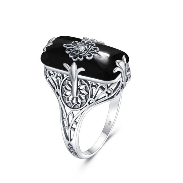 Szjinao Anello da donna in vero argento sterling 925 con pietre preziose non definite Anelli di onice nero fatti a mano di design alla moda gioielleria raffinata