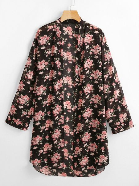 

floral open front kimono m91t#, White;black