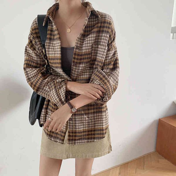 

blouses vintage female long sleeve woolen shirt fashion plaid blouse women streetwear jacket blusa 7o5s rqfu, White