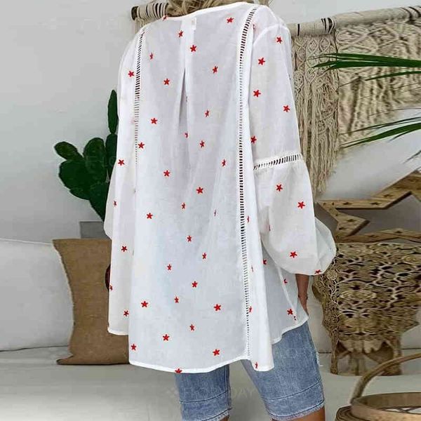 

star print plus size womens and blouses 2021 spring casual hollow out long sleeve tunic female v neck loose blouses shirts, White