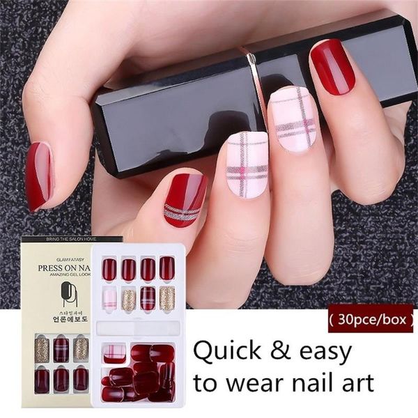 

false nails 2021 est 30pcs detachable reusable fake stick on press full cover nail tips fashion, Red;gold