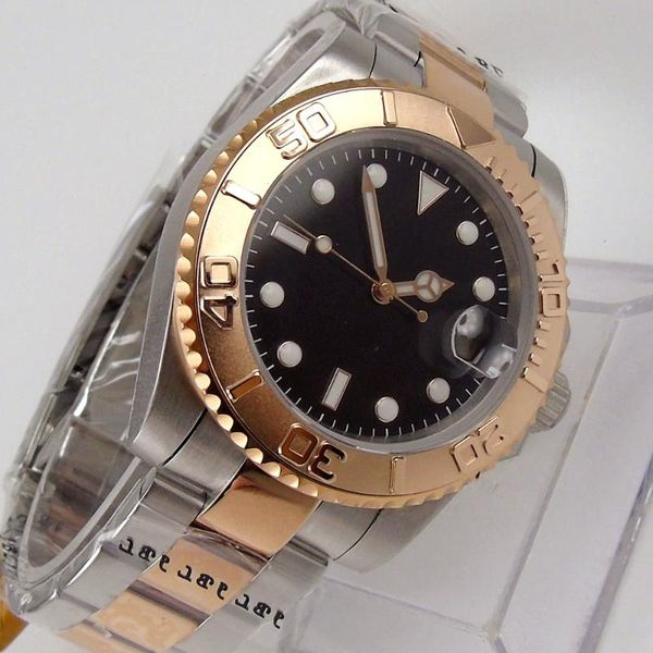 

wristwatches nologo black mechanical men watch 21 jewels miyota 8215 nh35 two tone rose gold oyster strap rotating insert, Slivery;brown