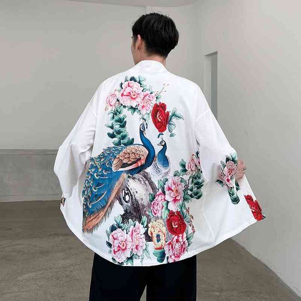 

men's casual shirts japanese streetwear hip hop men harajuku oversized peacock printed cool summer mens short sleeve ujhl, White;black
