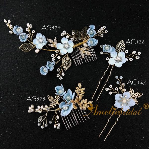 

hair clips & barrettes romantic bridal headpiece blue flower and freshwater pearl wedding comb bobby pin women accessories, Golden;silver