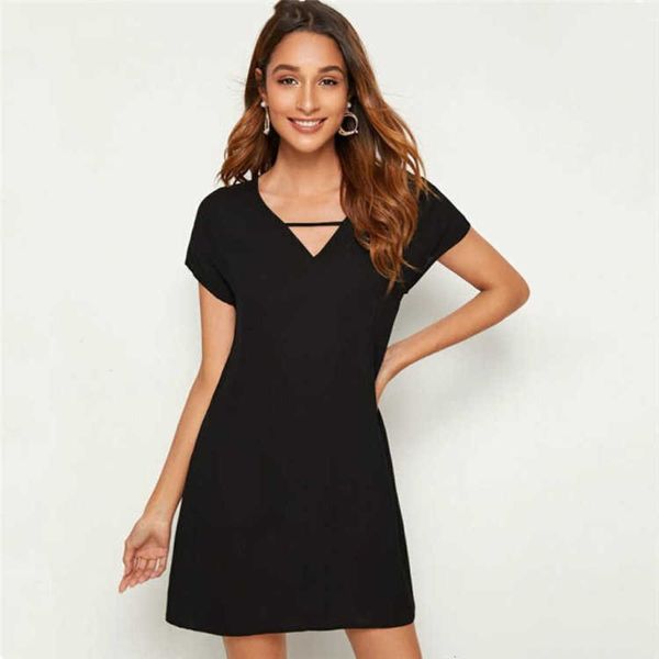 

spring and summer women's solid deep v-neck short sleeve loose a-line dress for women, Black;gray