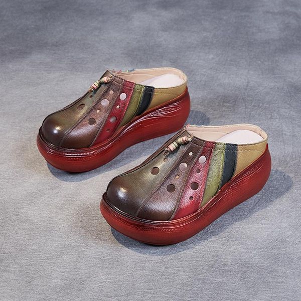 

slippers yourseason ladies 2021 summer outside shoes genuine leather mixed colors women retro slides wedges handmade, Black